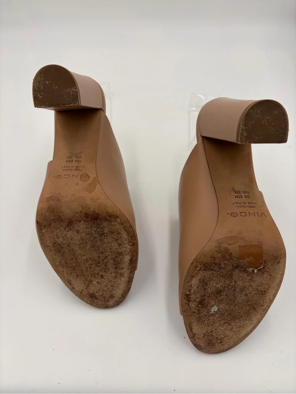 Vince Tan Leather Open-Toe Mules with Sculpted Heels Nude Preowned